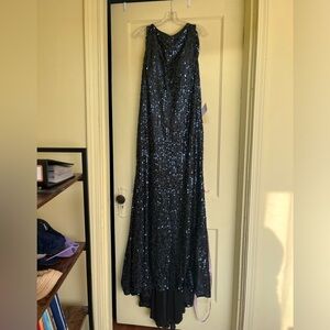 Navy Blue Sequence Mac Duggal Open Back Dress